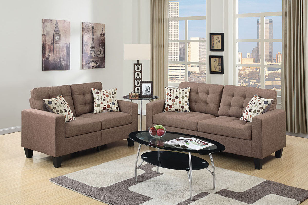 Living Room Furniture 2pc Sofa Set Light Coffee Polyfiber Tufted Sofa Loveseat w Pillows Cushion Couch Solid pine