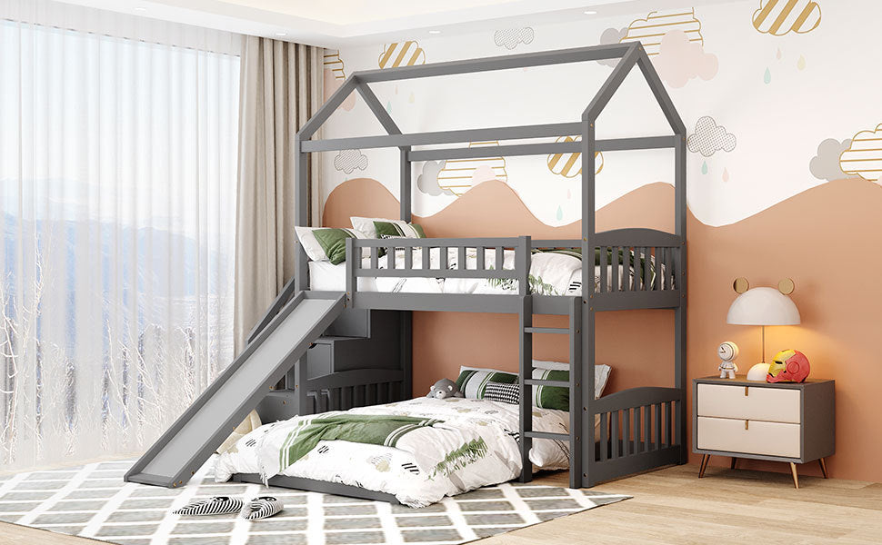 White House Design Twin Over Twin Bunk Bed with Slide and Storage Steps