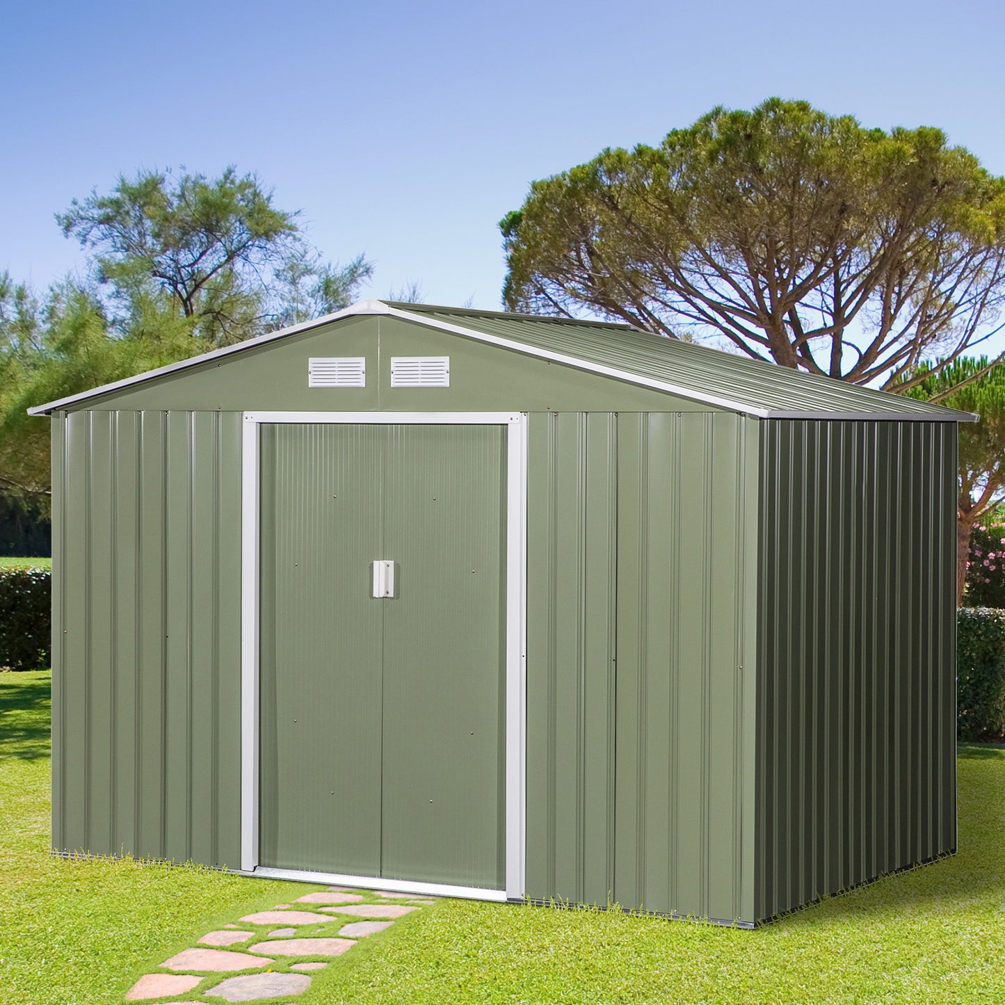 Outsunny 9' x 6' Outdoor Storage Shed, Garden Tool House with Foundation, 4 Vents, and 2 Easy Sliding Doors for Backyard, Patio, Garage, Lawn, Green