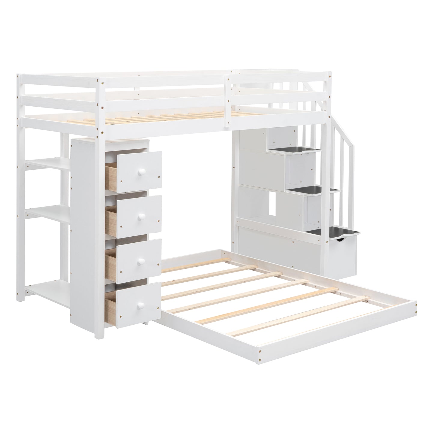 White Twin Over Full Bunk Bed with Storage Stairs & Drawers for Space-Saving Solution