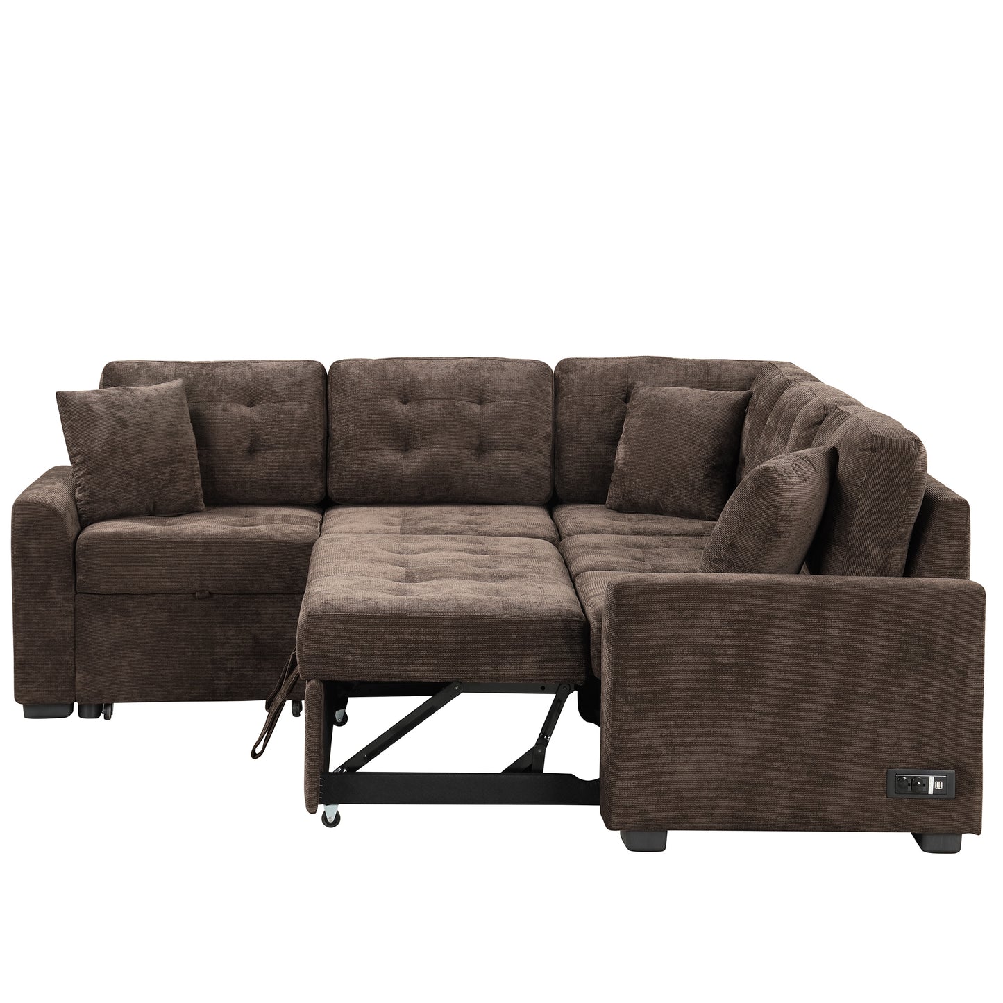 Convertible L-Shape Sleeper Sofa with USB Ports and Power Sockets, Brown