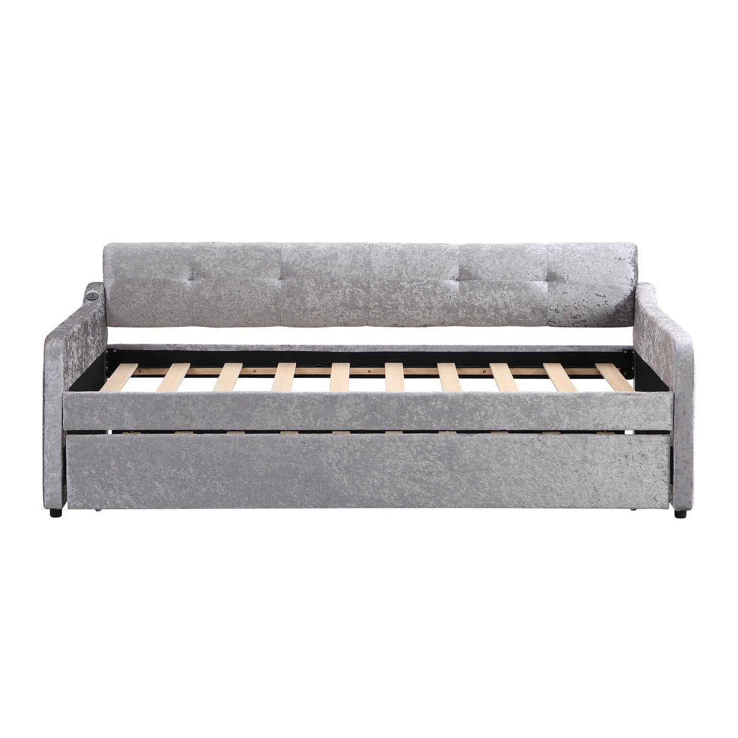 Twin Size Snowflake Velvet Daybed with Trundle and USB Charging Design,Gray