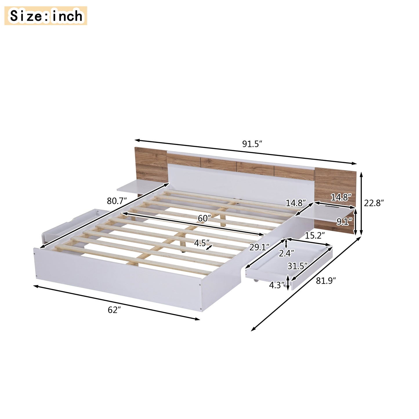 Queen Size Platform Bed with Headboard, Drawers, Shelves, USB Ports and Sockets, White