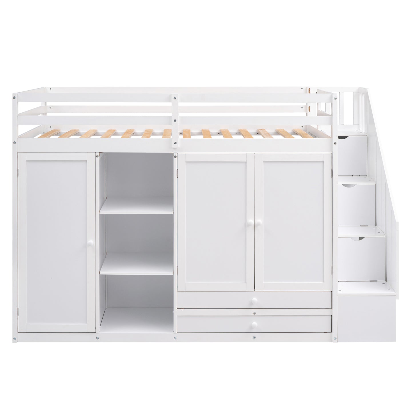 Functional Loft Bed with 3 Shelves, 2 Wardrobes and 2 Drawers,  Ladder with Storage, No Box Spring Needed, White