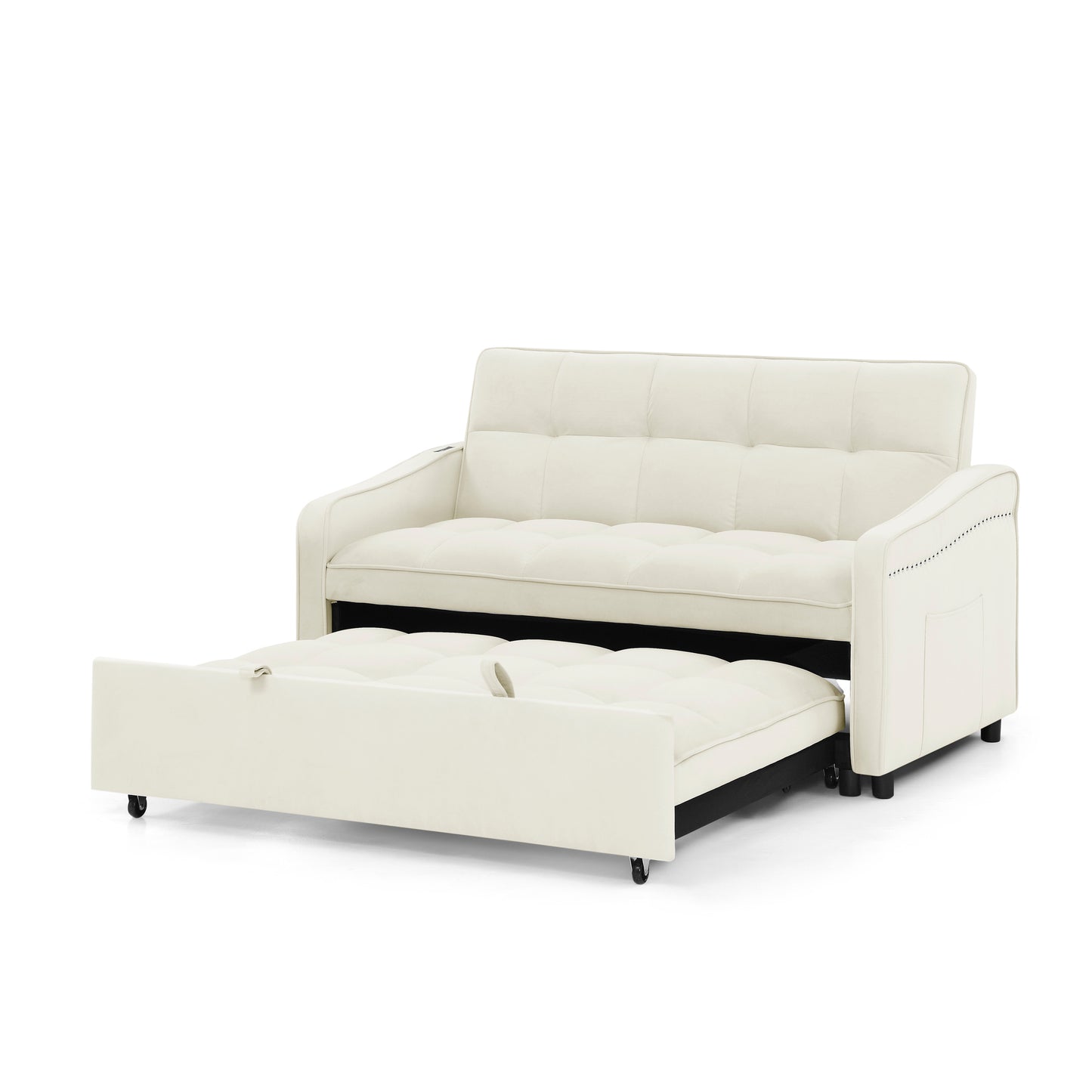 Loveseats Sofa Bed with Pull-out Bed,Adjsutable Back and Two Arm Pocket,TypeC and USB Charging with Copper nail,Beige (47"x53"x31")