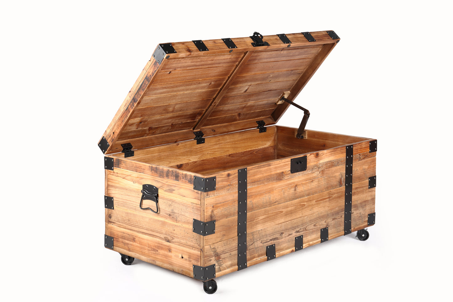 Industrial Charm Trunk Table with Mobility and Abundant Storage Capability, Natural Reclaimed Wood/Black Metal