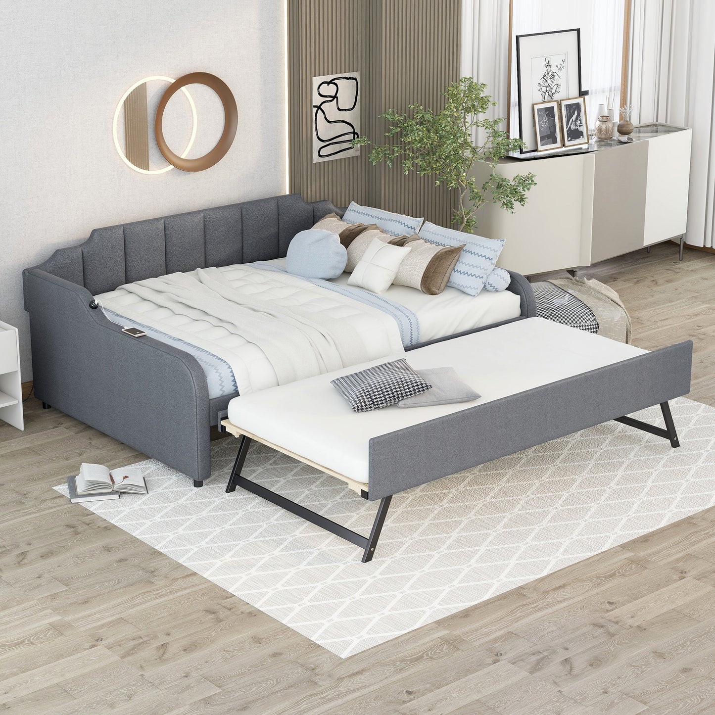 Full Size Upholstery Daybed with Trundle and USB Charging Design,Trundle can be flat or erected,Gray