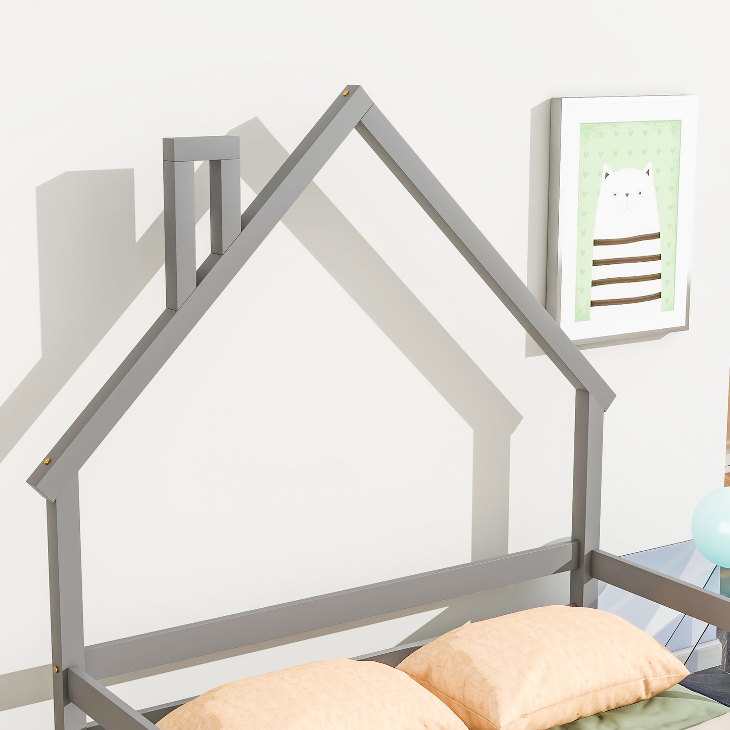 Full House-Shaped Headboard Bed with Handrails ,slats ,Grey