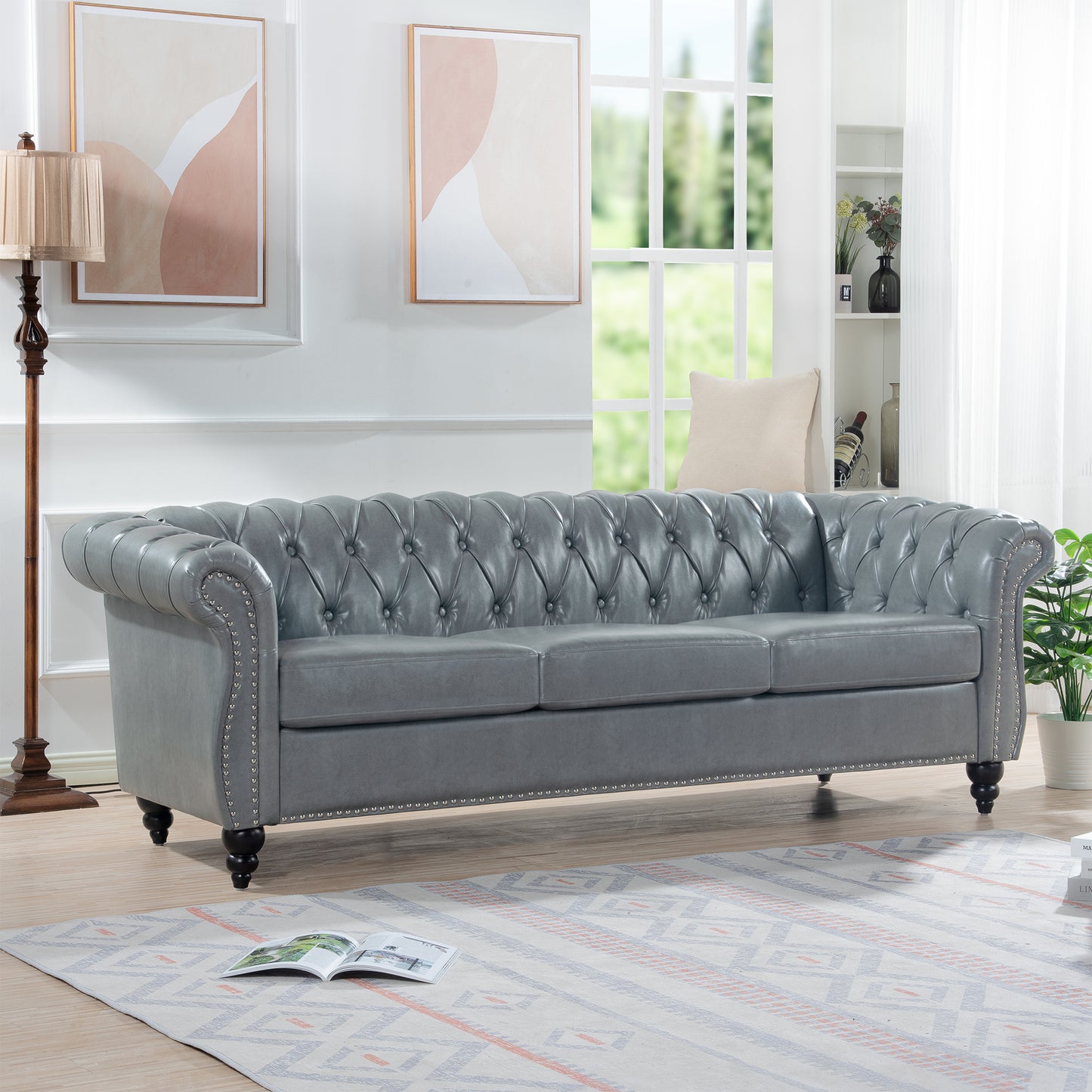 84.65 Inch 3-Seater Rolled Arm Chesterfield Sofa with Deep Buckles and PU Leather Fabric