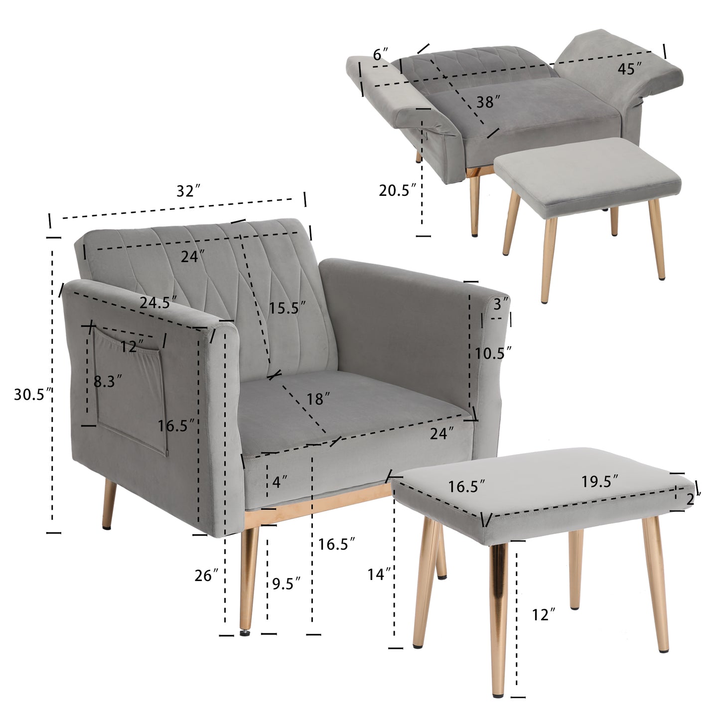 Accent Chair with Ottoman Set,Velvet Accent Chair with Gold Legs, Upholstered Single Sofa for Living Room Bedroom