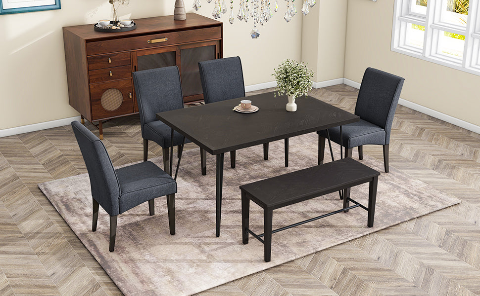 Modern 6-Piece Dining Table Set with V-Shape Metal Legs, Wood Kitchen Table Set with 4 Upholstered Chairs and Bench for 6,Espresso