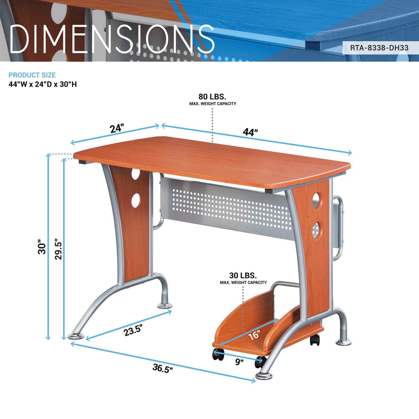 Sleek Modern Computer Desk With Mobile CPU Caddy in Dark Honey Finish