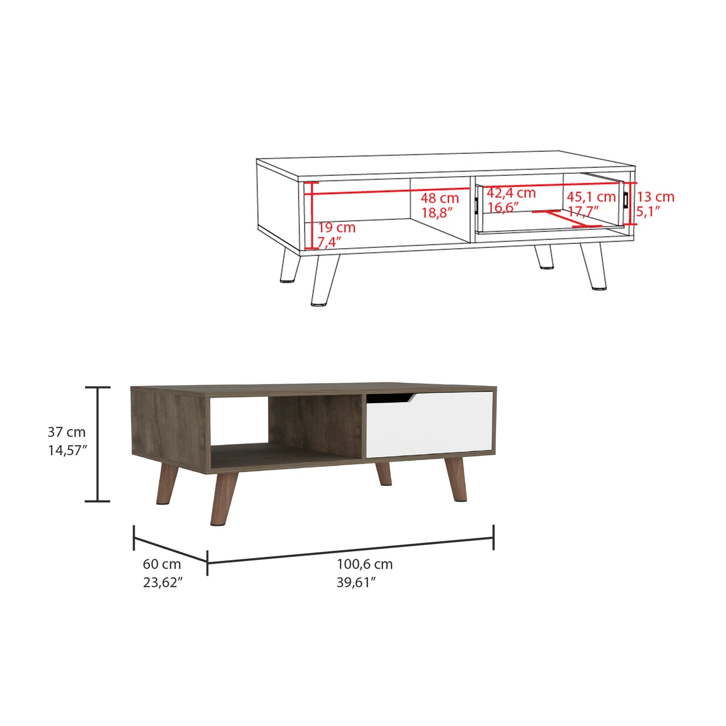 Bull Coffee Table 2.0 with Drawer, Four Legs, Dark Brown / White Finish