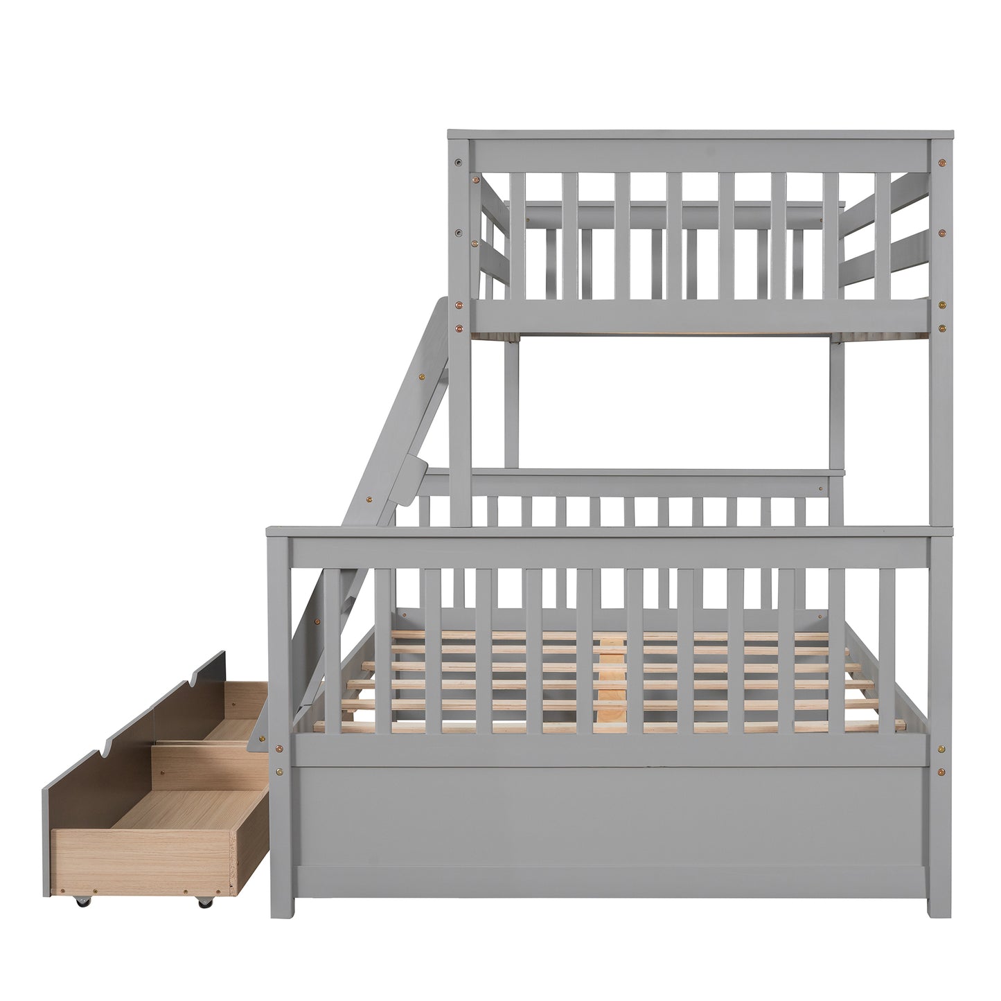 Gray Twin/Full Bunk Bed with Ladders and Storage Drawers