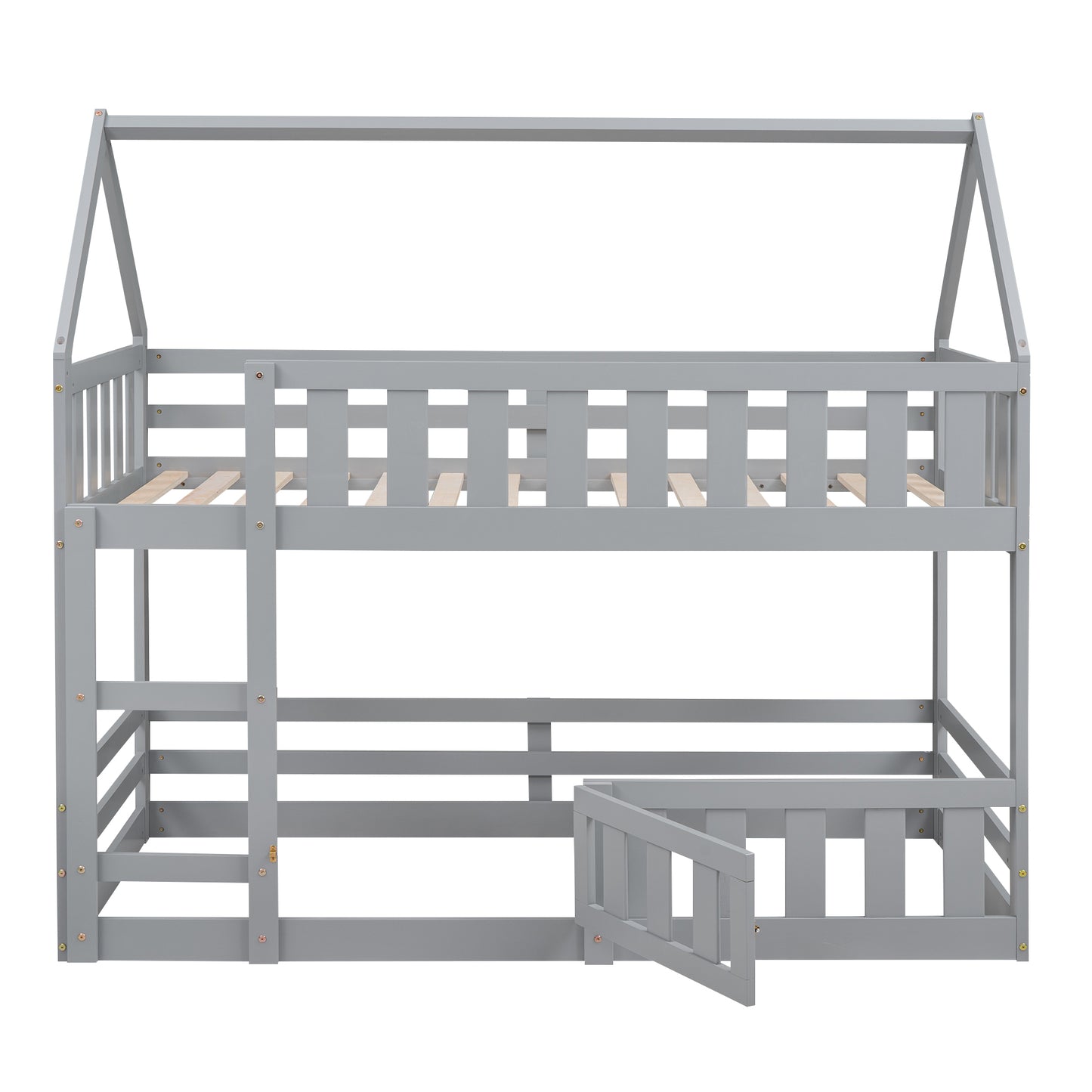 Twin House Bunk Bed with Gray Fence and Door