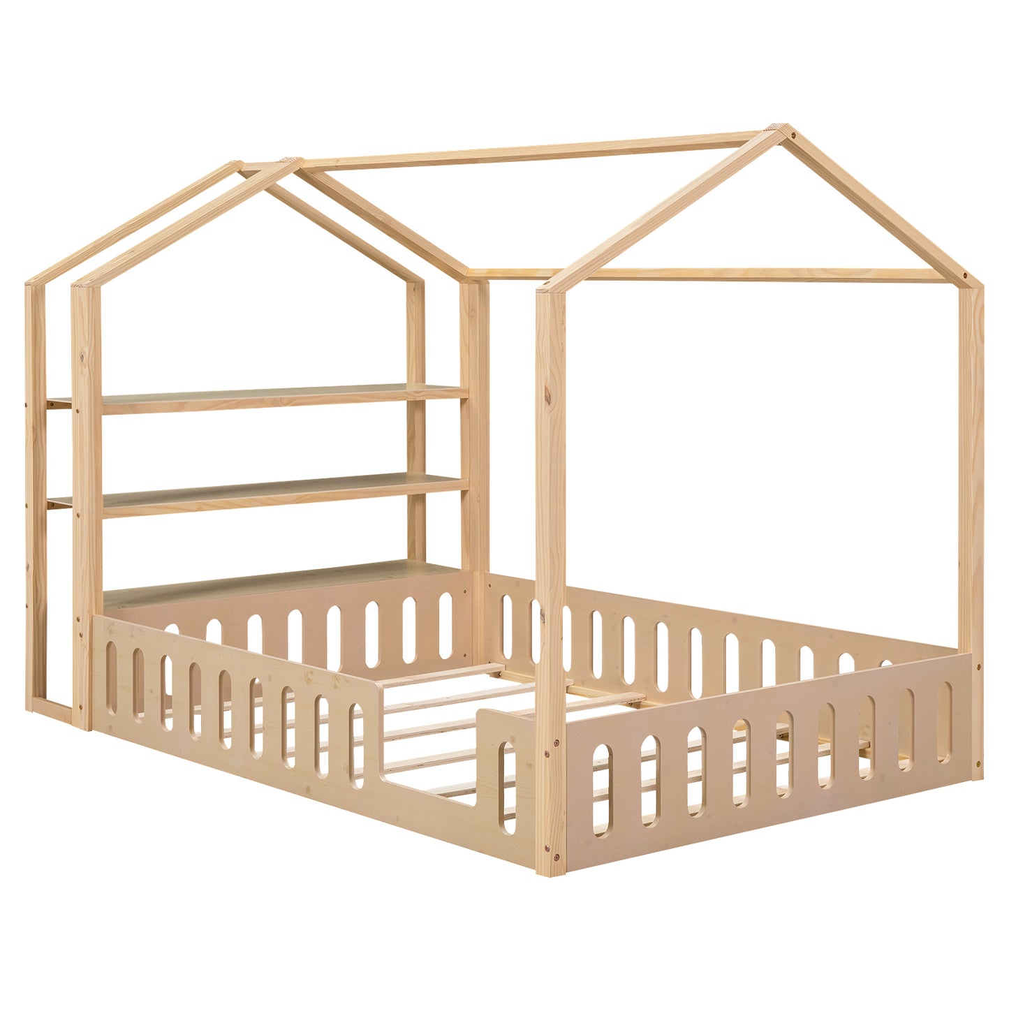 Full Size Wood House Bed with Fence and Detachable Storage Shelves, Natural (Expected Arrival Time: 1.7)