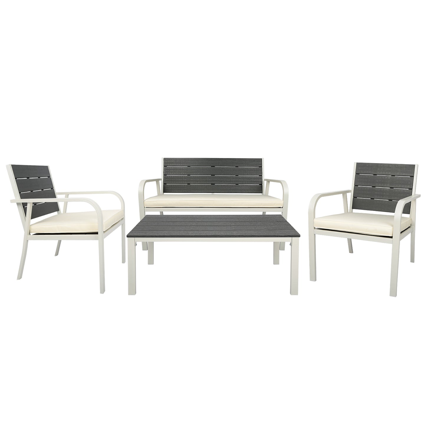 4-Piece White Outdoor Patio Furniture Set with Wood Grain Design