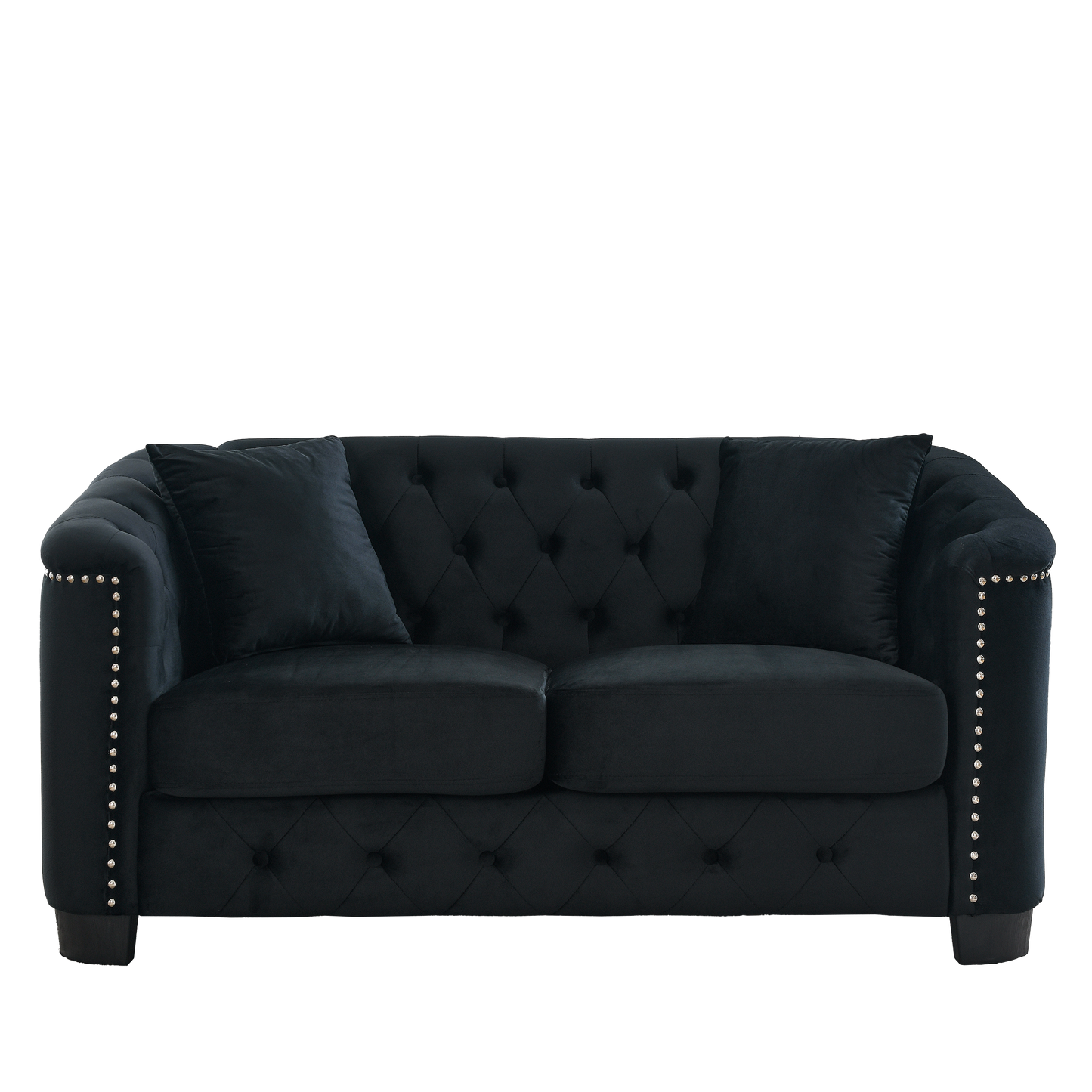 Luxurious Black Velvet Chesterfield Sofa, 2-Seater with Nailhead Arms