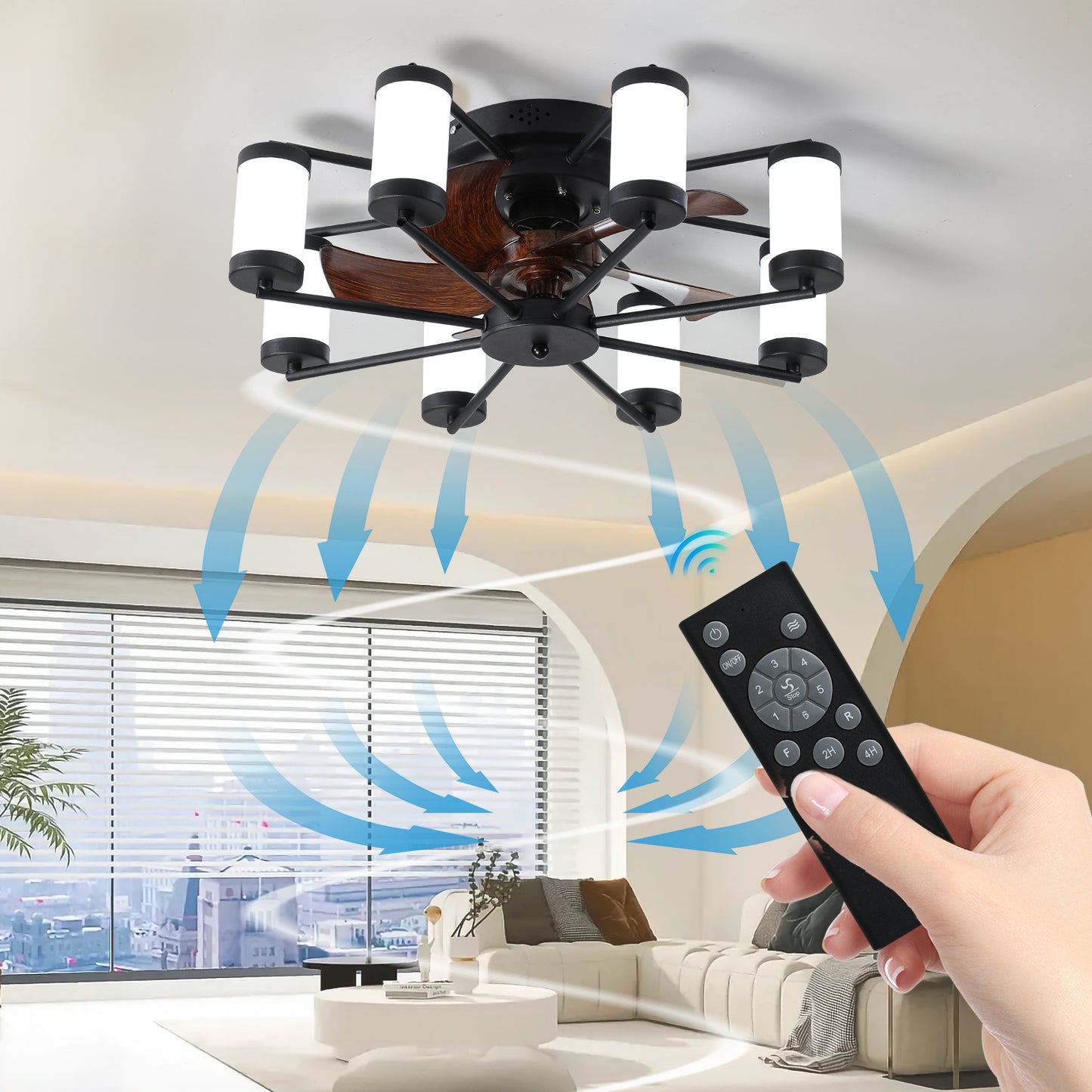 Windmill-inspired 21.7 inch Ceiling Fan Light - Flush Mount Fan with Remote Control, Timer, Black