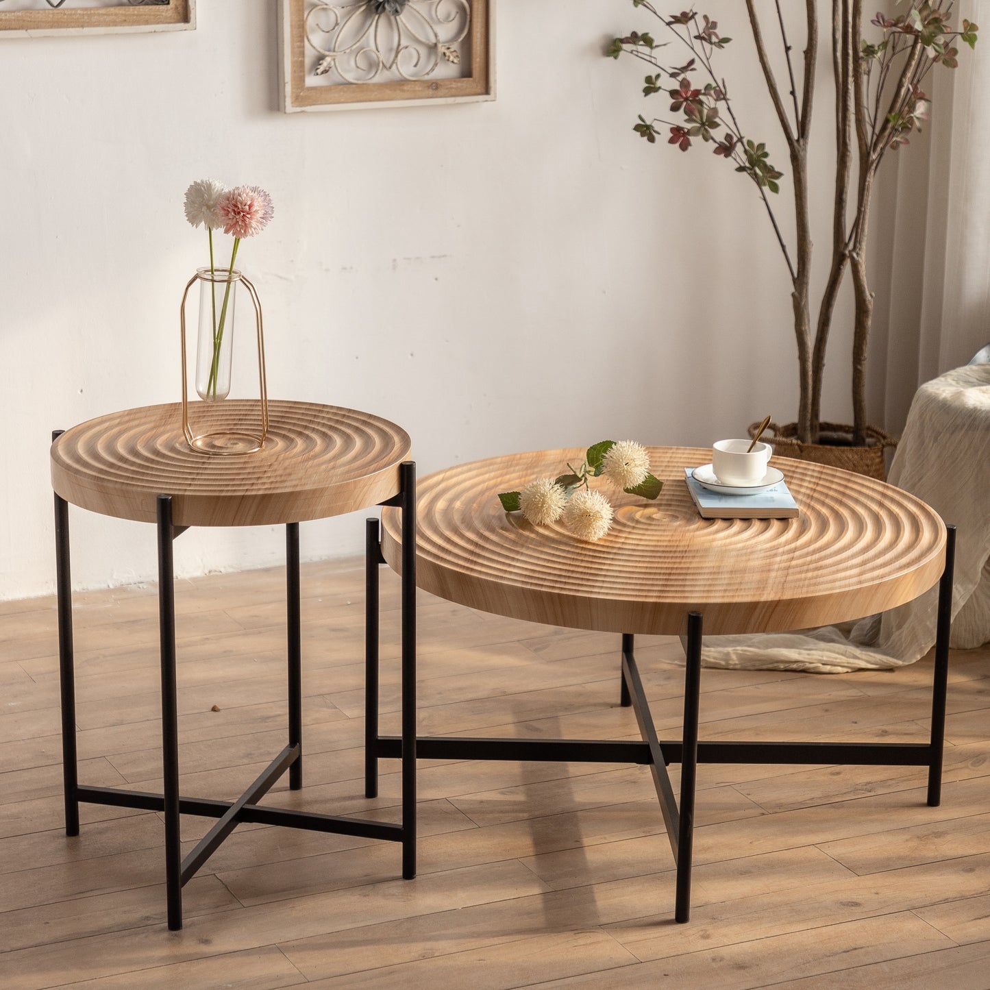 Contemporary Round Coffee Table with Cross Legs Metal Base (Set of 2 pcs)