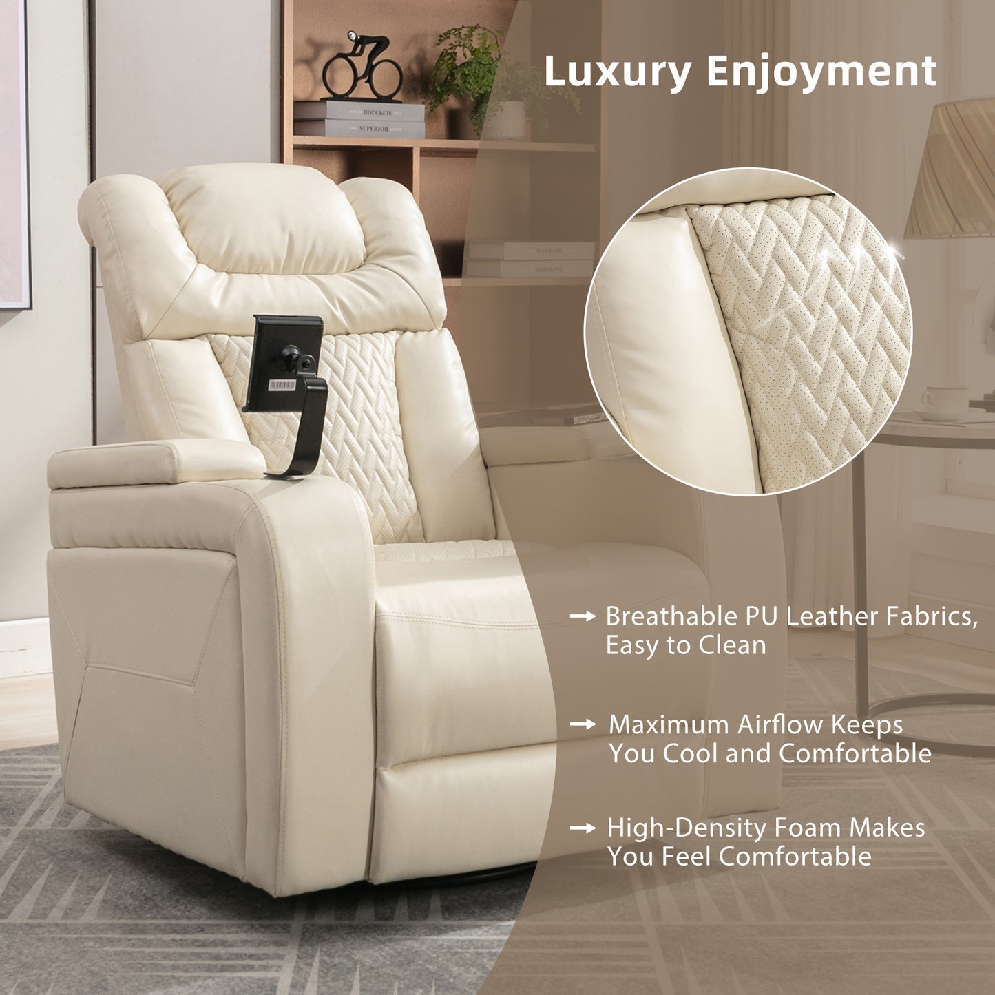 Power Recliner with Swivel, Cup Holder, USB Port, and Tray Table, White