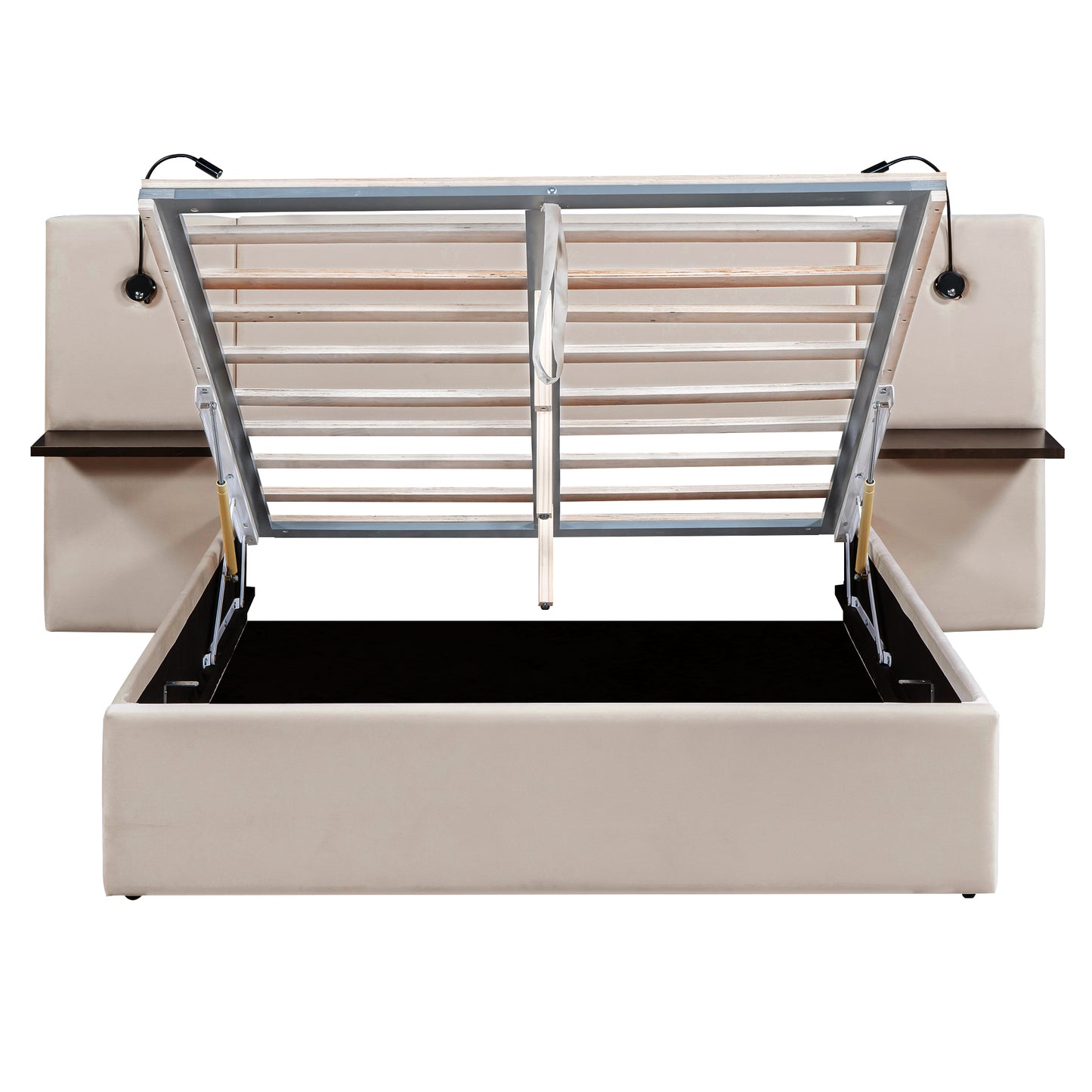 Full Size Storage Upholstered Hydraulic Platform Bed with 2 Shelves, 2 Lights and USB, Beige