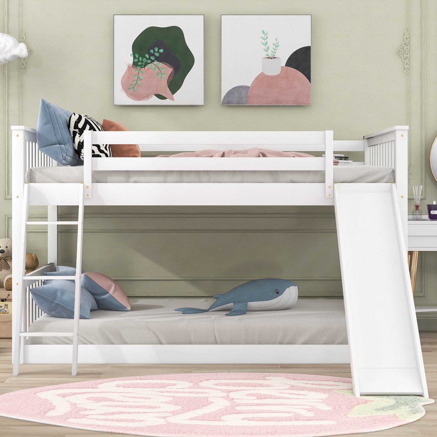 Fun White Full over Full Bunk Bed with Removable Slide and Ladder