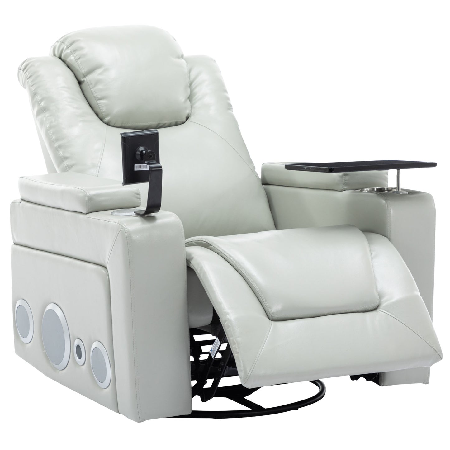 Luxurious Grey PU Leather Power Recliner with Surround Sound and Storage.