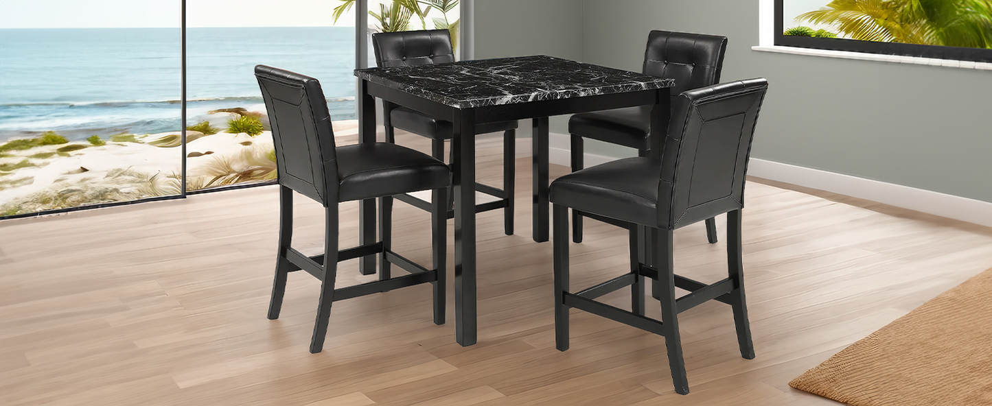 5-Piece Kitchen Table Set Faux Marble Top Counter Height Dining Table Set with 4 PU Leather-Upholstered Chairs, Black