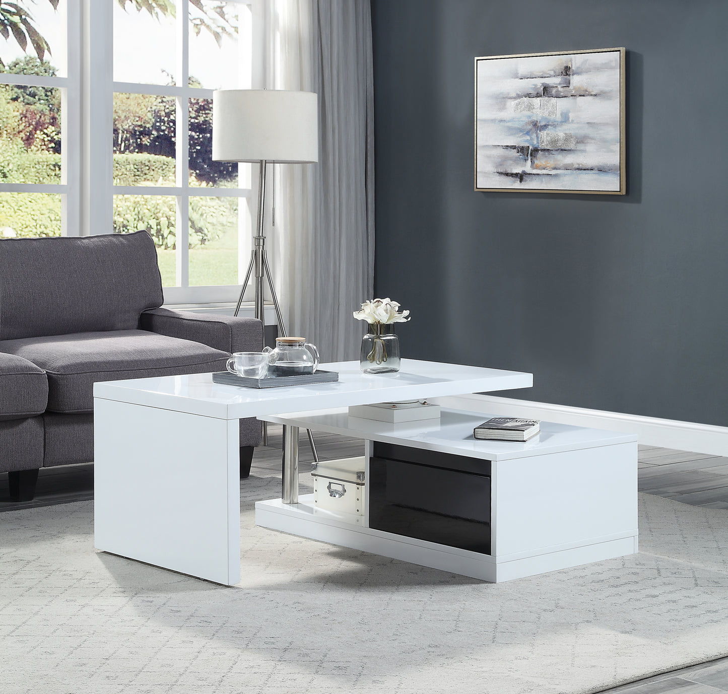 Buck II Coffee Table with Rotating Top in White and Black High Gloss Finish LV00997