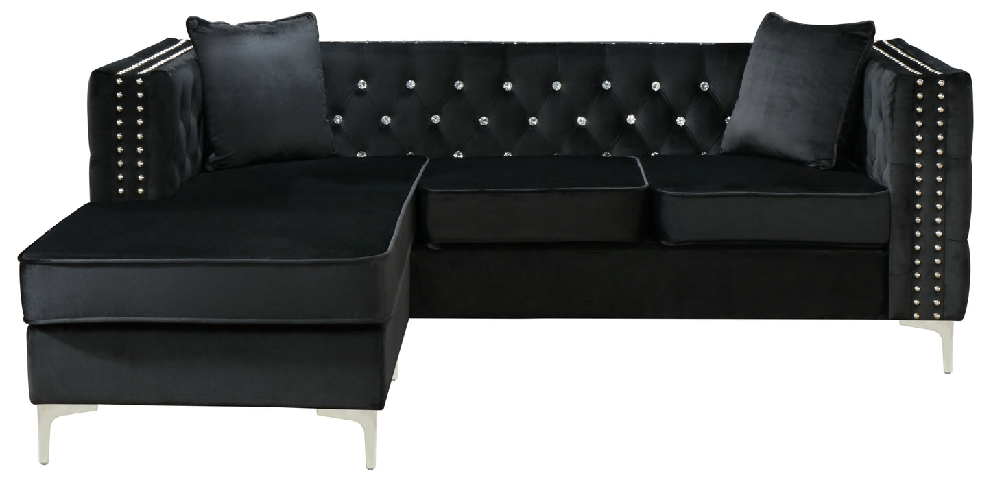 Black Velvet Sofa Chaise with Chrome Legs and Faux Jewel Tufting