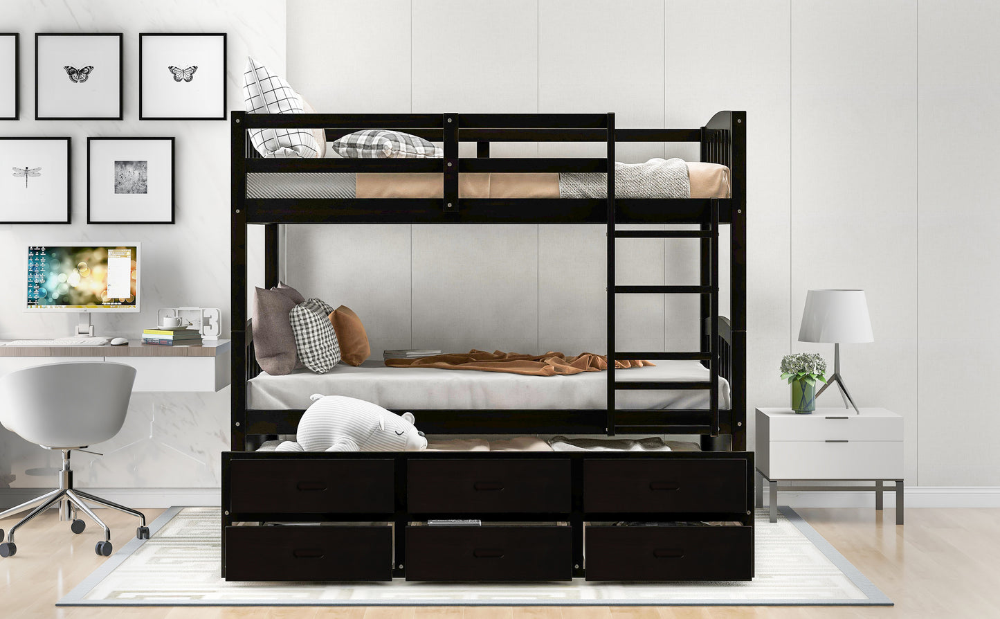 Espresso Twin Wood Bunk Bed with Trundle, Drawers, and Staircase