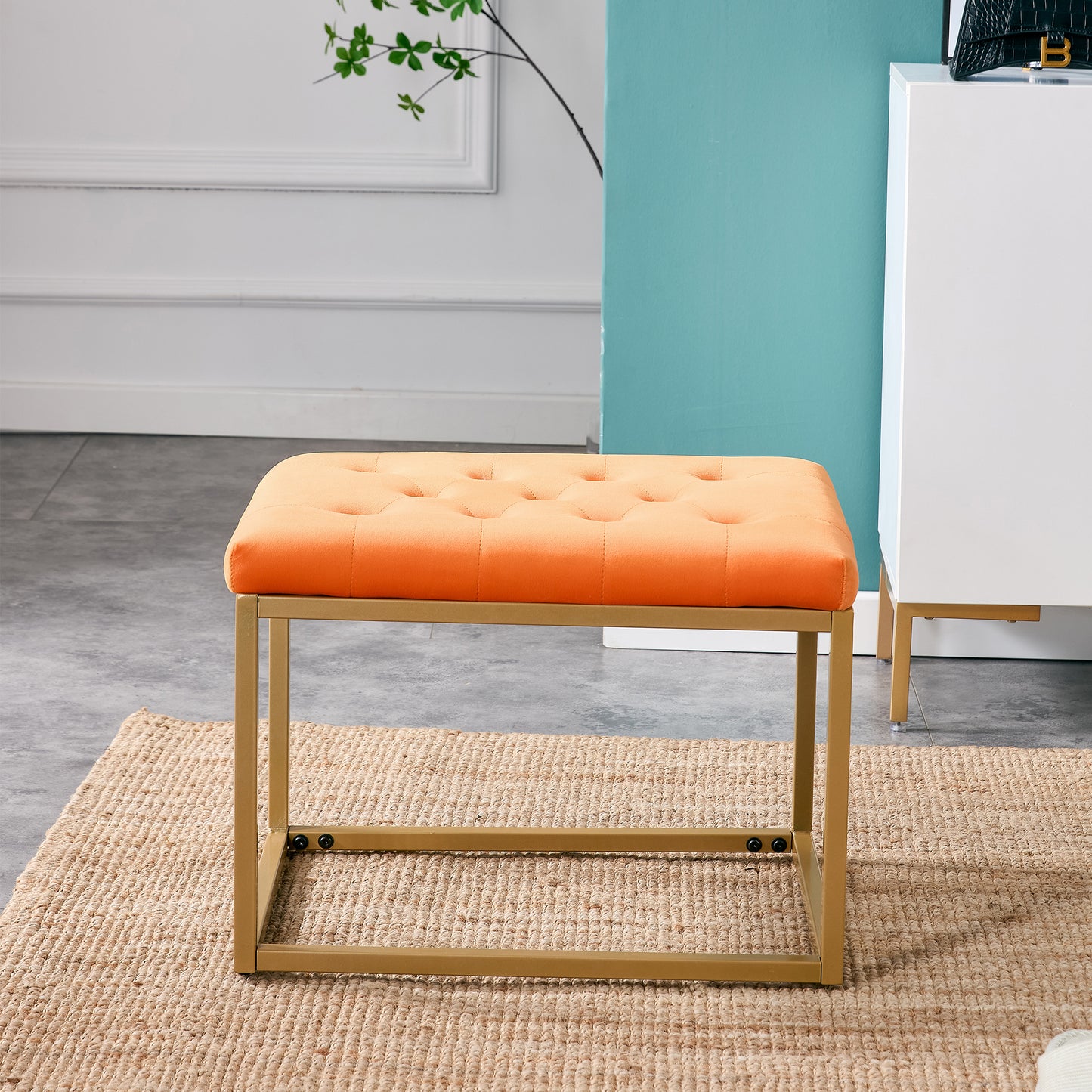 Chair Velvet Shoe Changing Stool, Orange Footstool, Square Vanity Chair, Sofa stool,Makup Stool .Vanity Seat ,Rest stool. Piano Bench .Suitable for Clothes Shop,Living RoomST-001-OR