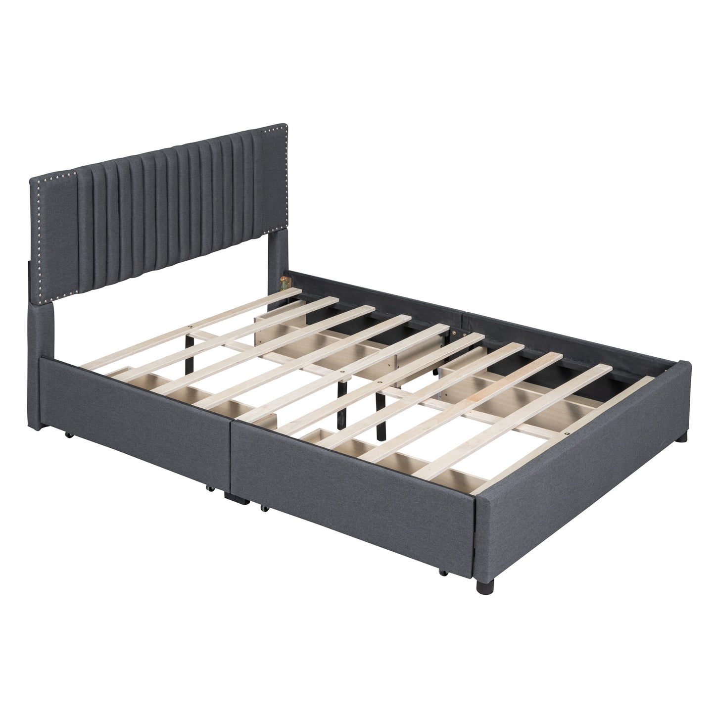 Queen Size Upholstered Platform Bed with Classic Headboard and 4 Drawers, Linen Fabric, Gray