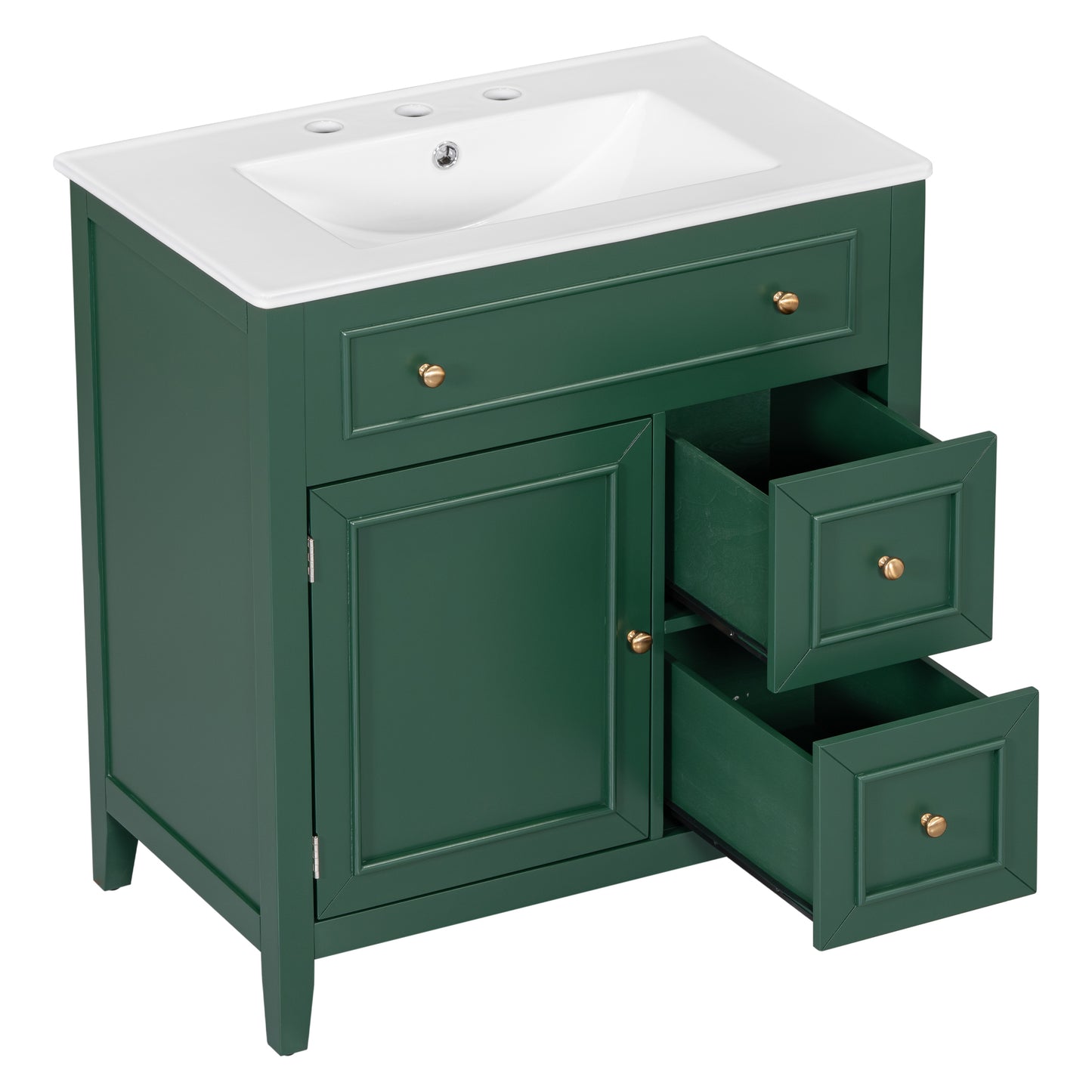 30" Bathroom Vanity with Sink Top, Bathroom Vanity Cabinet with Door and Two Drawers, Solid Wood Frame, One Package, Green