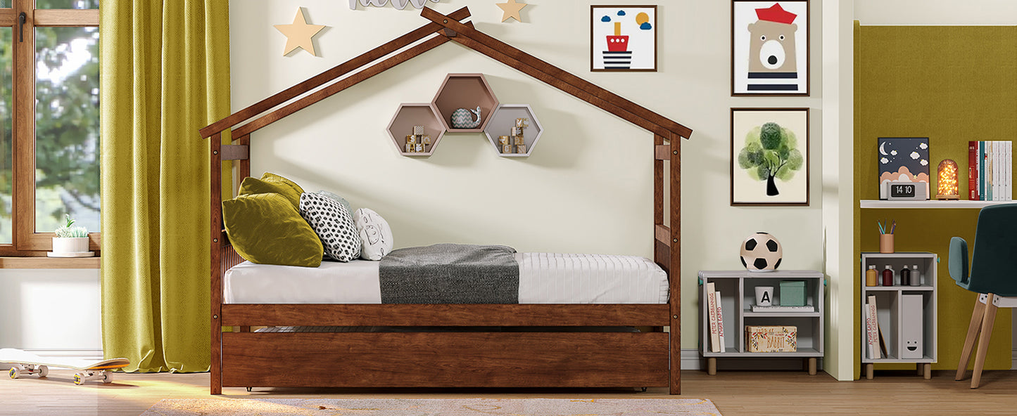 Full Size Wooden House Bed with Twin Size Trundle, Walnut