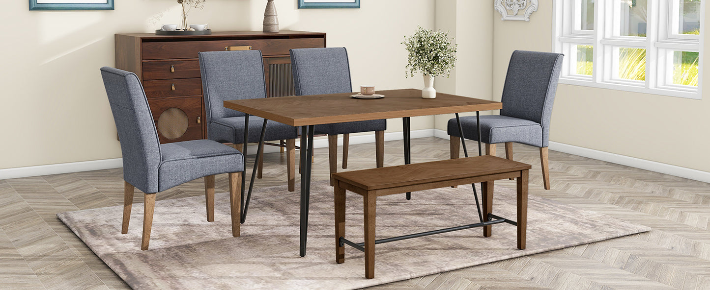 Modern 6-Piece Dining Table Set with V-Shape Metal Legs, Wood Kitchen Table Set with 4 Upholstered Chairs and Bench for 6,Brown