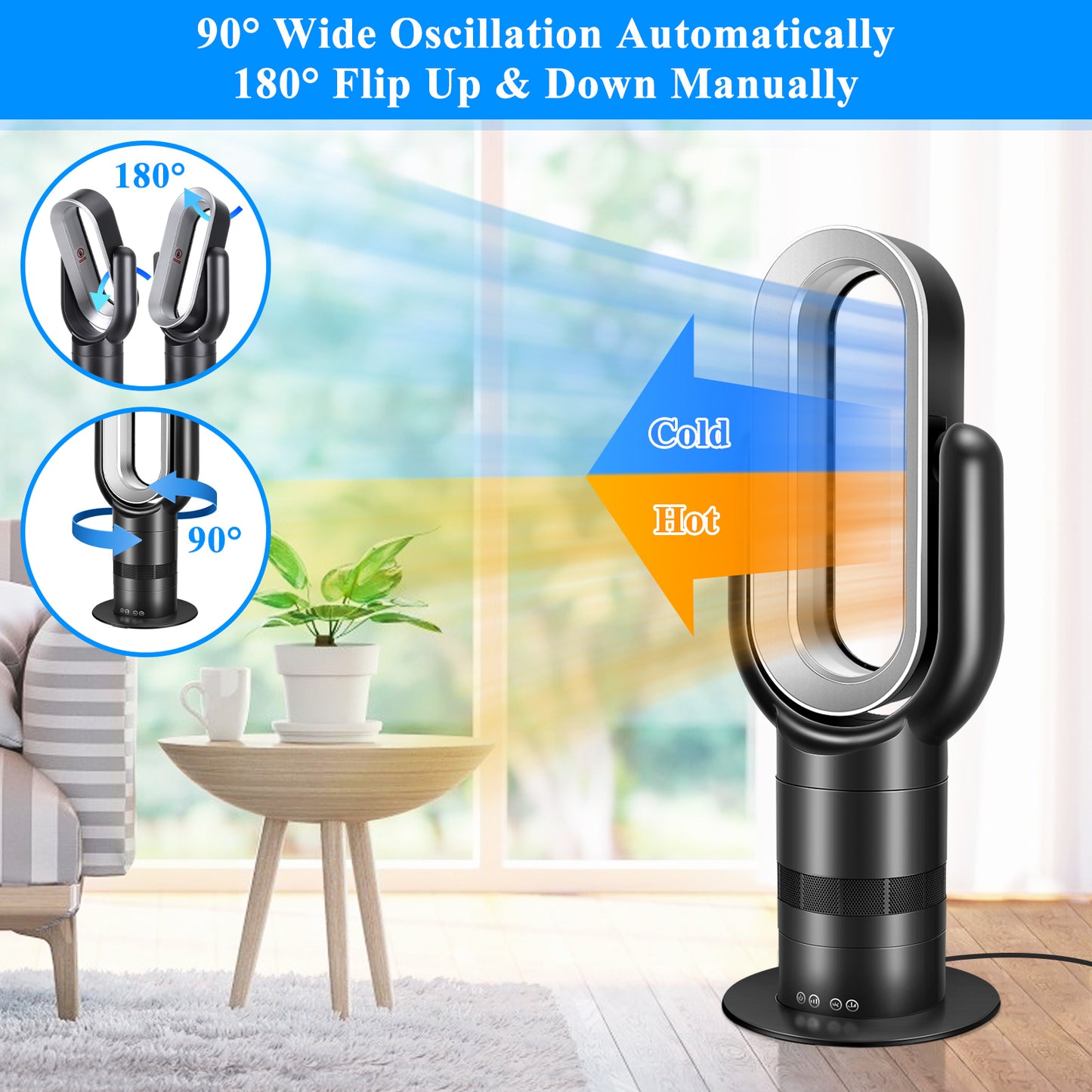 HealSmart 26-inch Bladeless Tower Fan Heater & Cooling Combo with Remote Control - Black