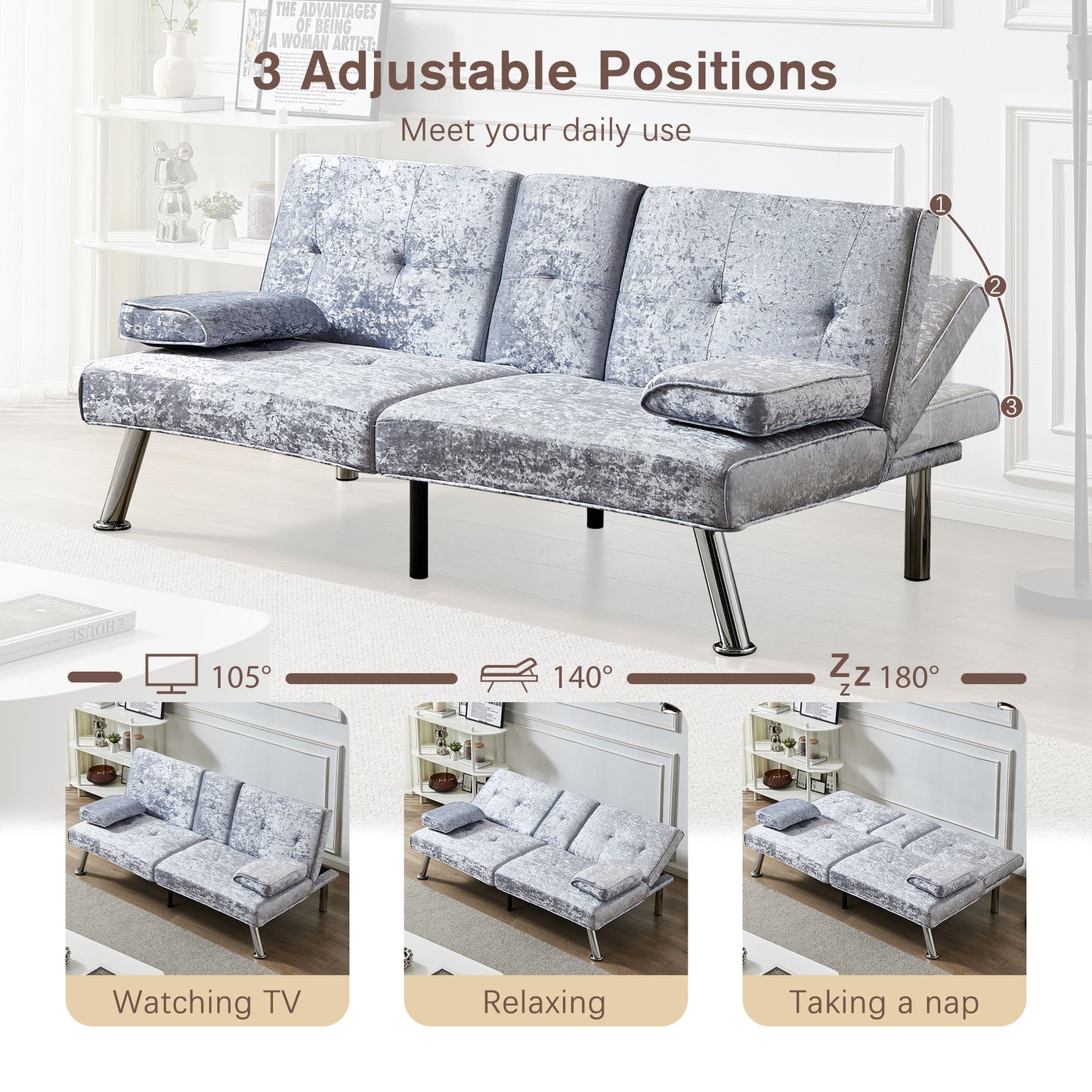 Sofa Bed Velvet, 66" Loveseat Futon Sofa Bed with Removable Armrests, Adjustable Reliner Guest Bed Daybed for Small Space, Cup Holders, 3 Angles, Gray