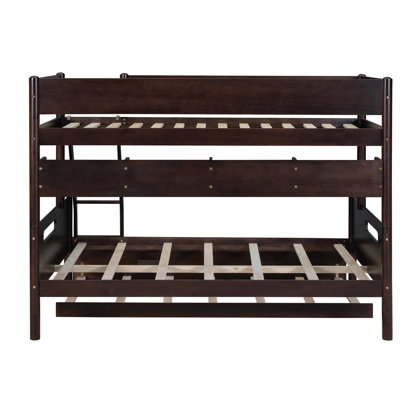 Espresso Wood Bunk Bed with Twin Over Full, Storage Shelves, Trundle, and Sturdy Construction