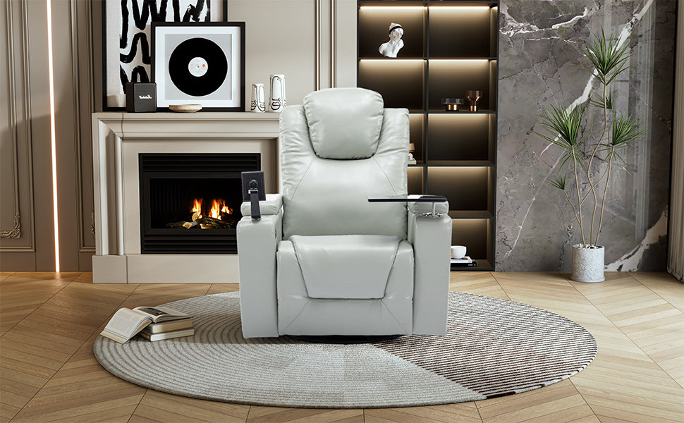 Luxurious Grey PU Leather Power Recliner with Surround Sound and Storage.