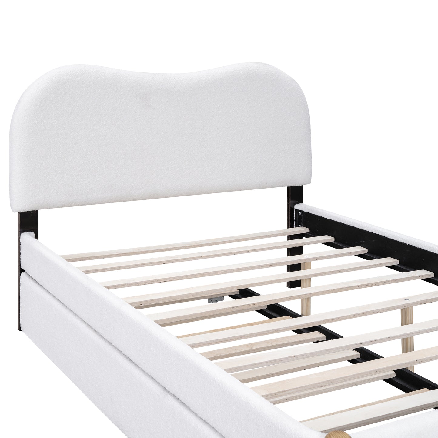 Full Size Upholstered Platform Bed with Wood Supporting Feet and Twin Size Trundle, White