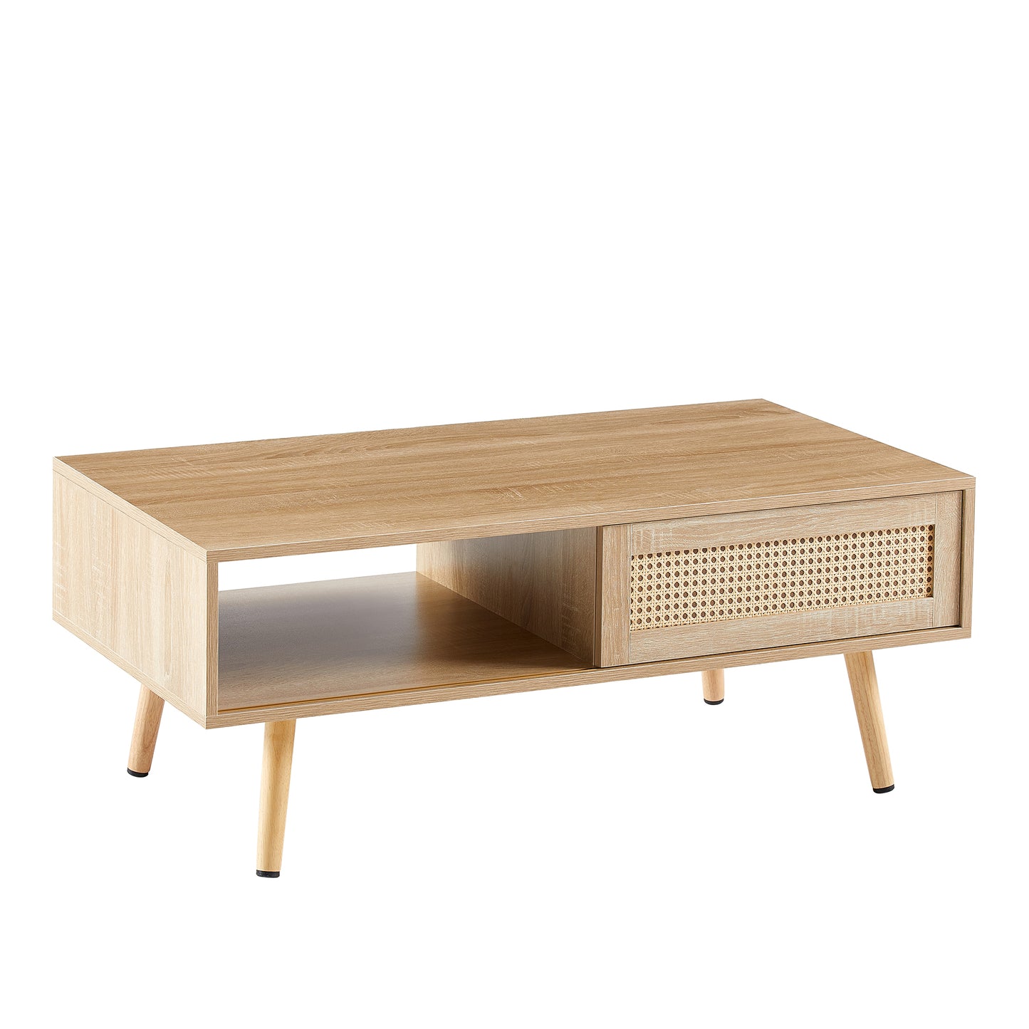 Modern Rattan Coffee Table with Sliding Door Storage and Solid Wood Legs