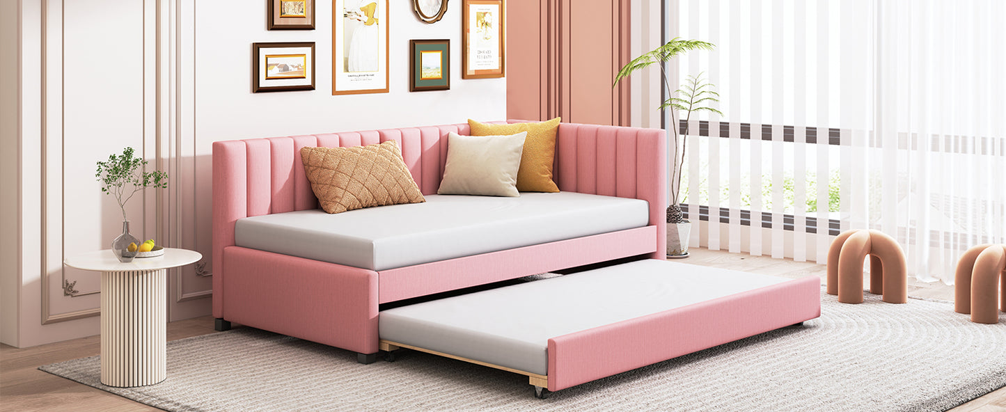 Upholstered Daybed with Trundle Twin Size Sofa Bed Frame No Box Spring Needed, Linen Fabric(Pink)