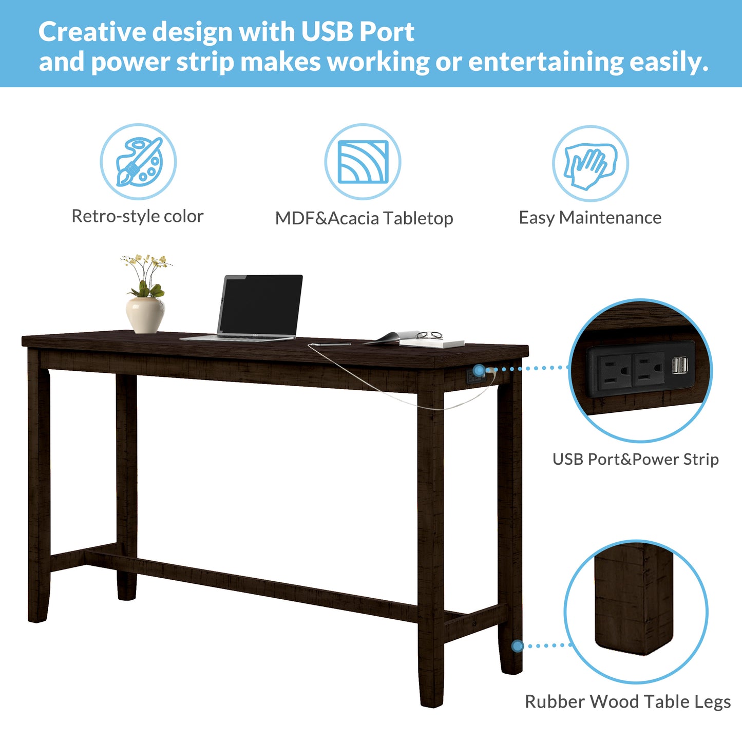 4 Pieces Counter Height Table with Fabric Padded Stools, Rustic Bar Dining Set with Socket, Brown