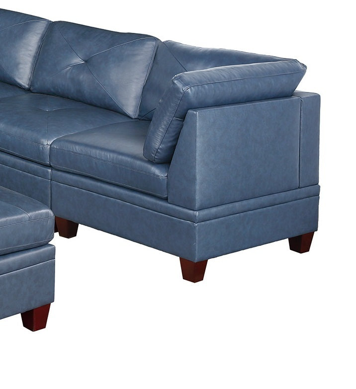 Luxurious Ink Blue Leather Modular 7pc Sofa Set with Ottoman