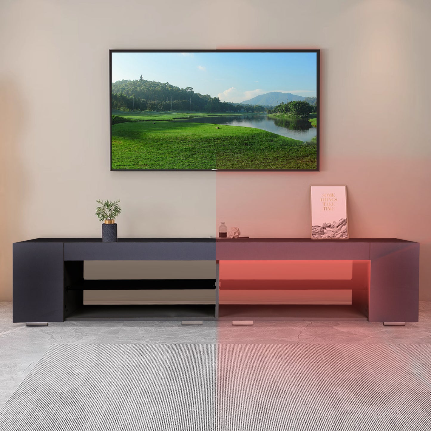 Modern High Gloss LED TV Stand with RGB Remote Control and Storage System