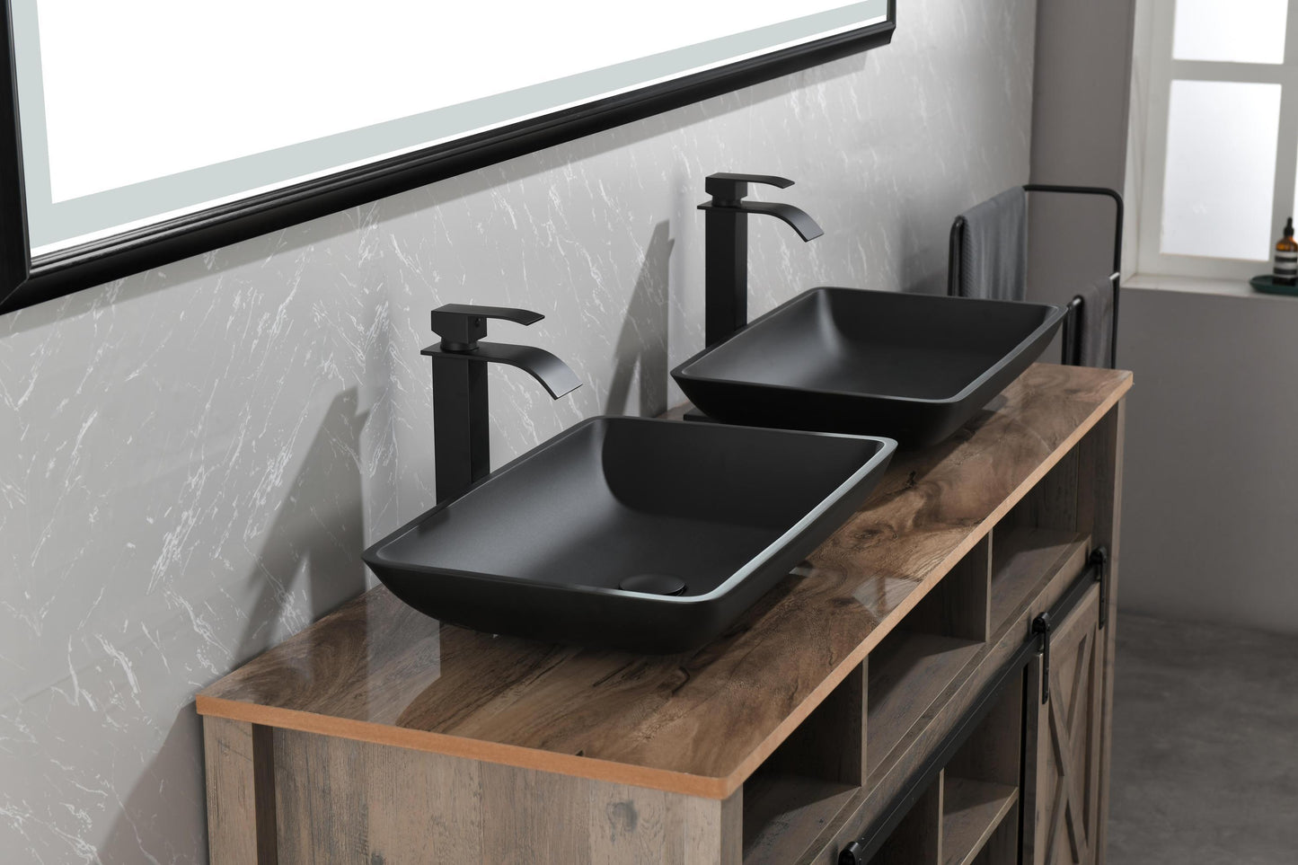 Black Matte Glass Rectangular Vessel Bathroom Sink Set with Faucet and Pop-Up Drain