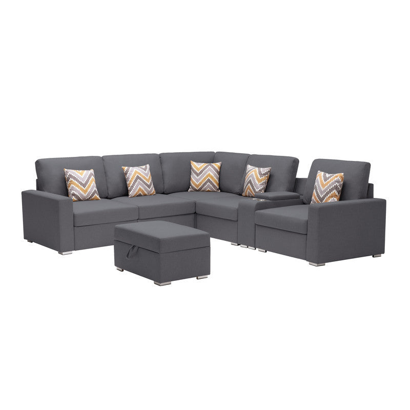 Modular Gray Linen Sectional Sofa Set with Storage Ottoman and Charging Ports