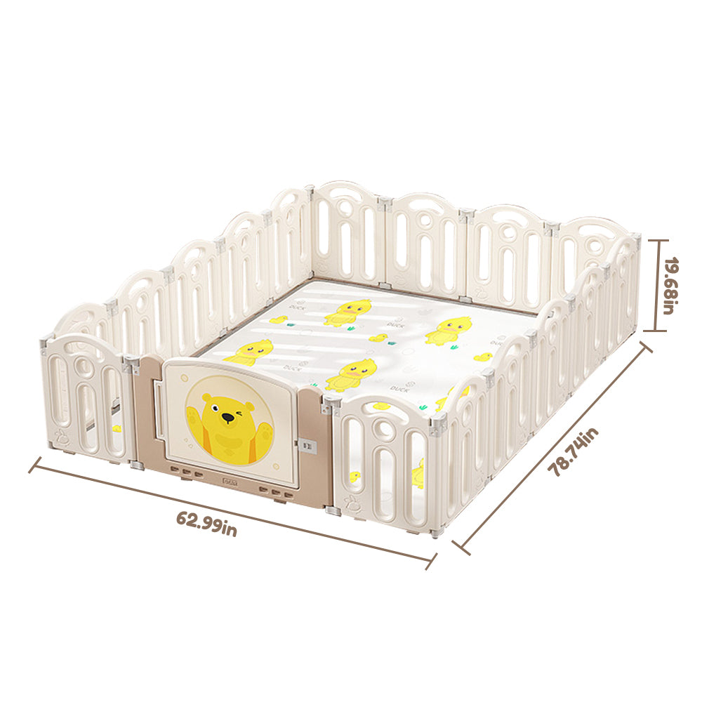 Bear Beige White Color Foldable Playpen, Baby Safety Play Yard With Fence Indoor Toys With Play mat 16panel and 1 play mat